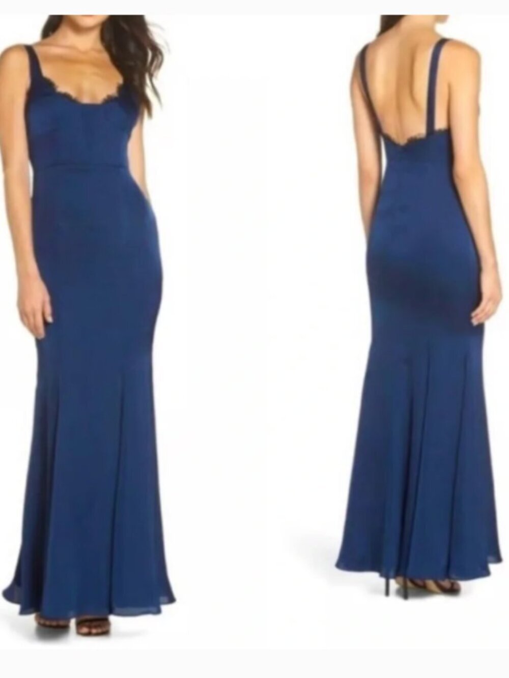 Fame and Partners Ara Navy Blue Satin Maxi Gown Dress Fitted Slip Mermaid Sz 14